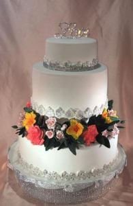 3 tier wedding cake with sugar flowers
