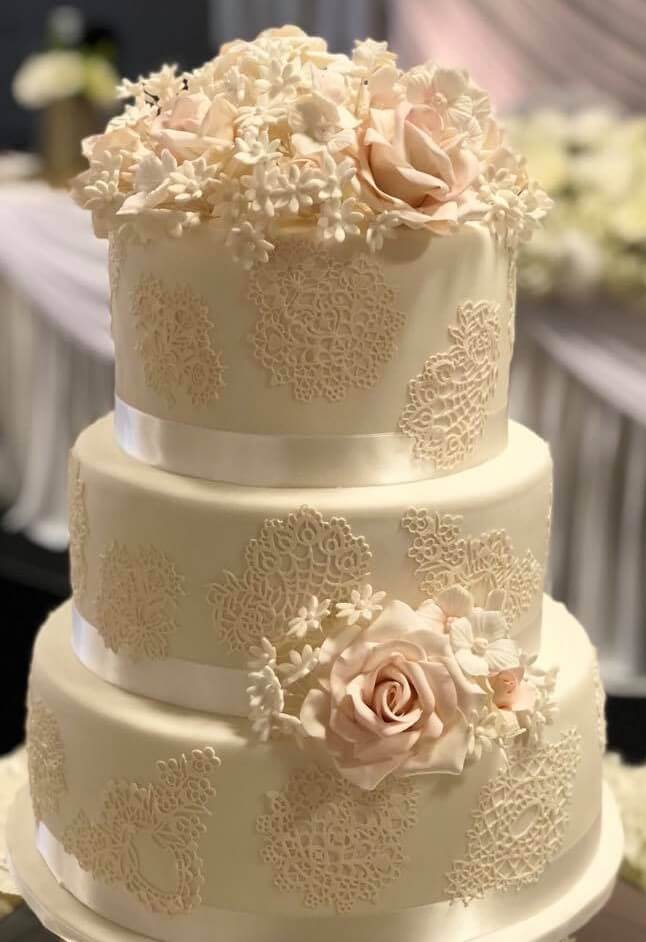 rimma;s wedding cakes 3 tier fondant wedding cake with fine stencil work and sugar flowers