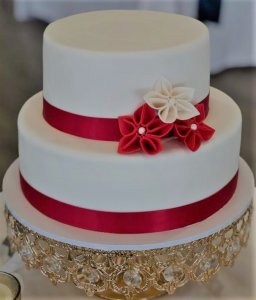 two tier red and white wedding cake