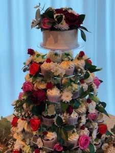 cupcake tower and fresh flowers