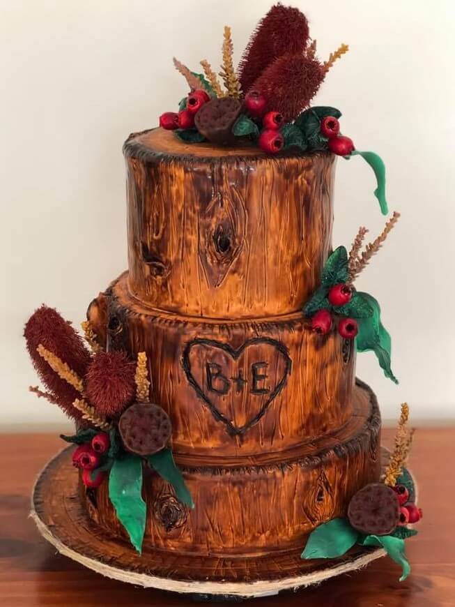 timber themed three tier wedding cake from rimma's wedding cakes perth