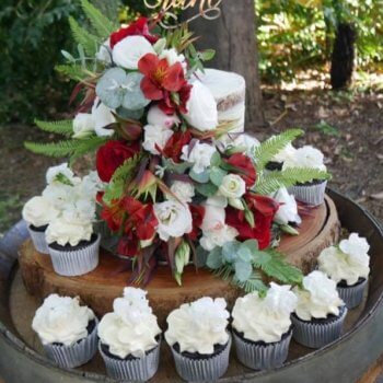 2 tier gluten free wedding cake with cupcakes